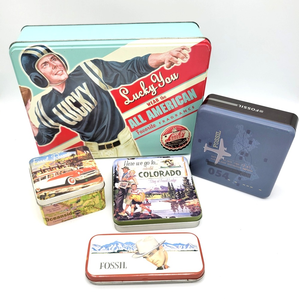 Lot of 4 Fossil Watch Collector Tins + Lucky Brand Football Tin Empty Set